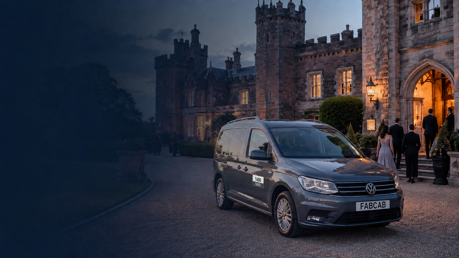 FABCAB vehicle and guests outside a castle venue